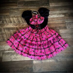 Hot Topic Monster High pink& black plaid peasant style Dress skulls L